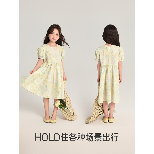 布丁哈魯童裝夏裝女童洋氣裙子2026夏新款兒童全棉百搭提花連衣裙