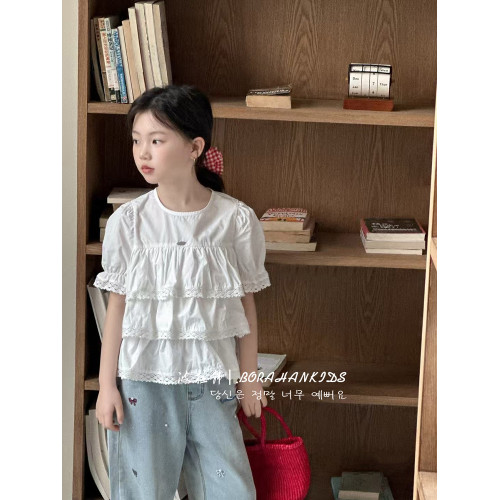波拉韓女童夏季娃娃衫兒童2025新款白色甜美襯衫女孩夏裝時髦短袖