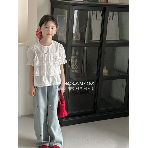 波拉韓女童夏季娃娃衫兒童2025新款白色甜美襯衫女孩夏裝時髦短袖