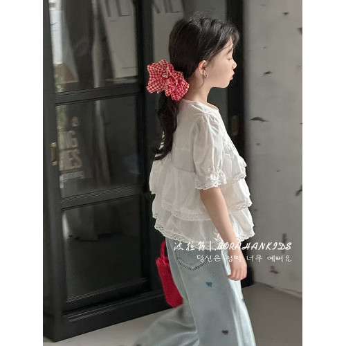 波拉韓女童夏季娃娃衫兒童2025新款白色甜美襯衫女孩夏裝時髦短袖