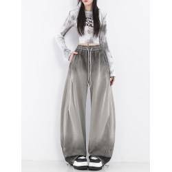 鐮刀衛褲女2025春裝新款紥染噴漆時尚休閒彎刀香蕉濶腿褲子設計感