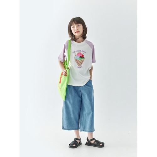 棵初2025年夏季新款親子中大女童插肩拼色印花短袖T恤純棉