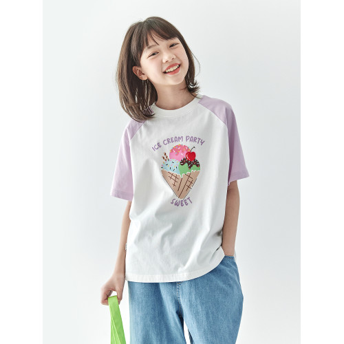 棵初2025年夏季新款親子中大女童插肩拼色印花短袖T恤純棉