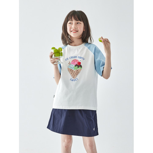 棵初2025年夏季新款親子中大女童插肩拼色印花短袖T恤純棉