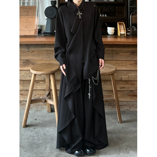 山本耀司風褲裙新中式暗黑寬松垂感小衆假兩件濶腿褲無性別九分褲