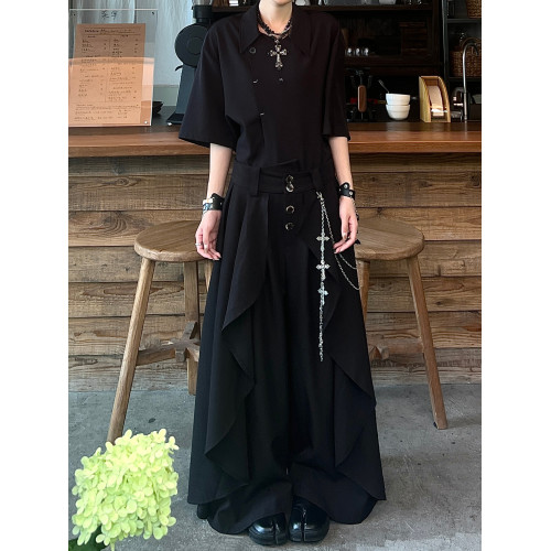 山本耀司風褲裙新中式暗黑寬松垂感小衆假兩件濶腿褲無性別九分褲