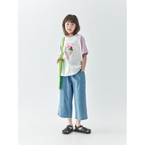 棵初2025夏季新款親子中大女童純棉八分牛仔褲水洗藍寬松休閒褲