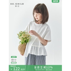 棵初2025夏季新款親子中大女童荷葉邊不規則分割純棉T恤