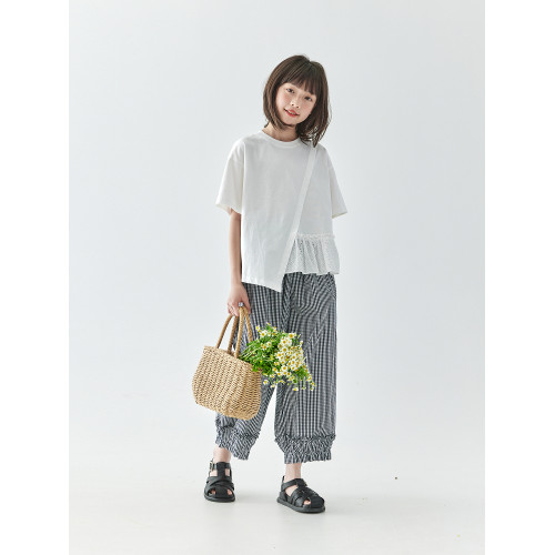 棵初2025夏季新款親子中大女童荷葉邊不規則分割純棉T恤