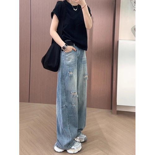 夏季破洞彎刀牛仔褲女薄款大碼梨型身材高腰寬松顯瘦香蕉濶腿褲