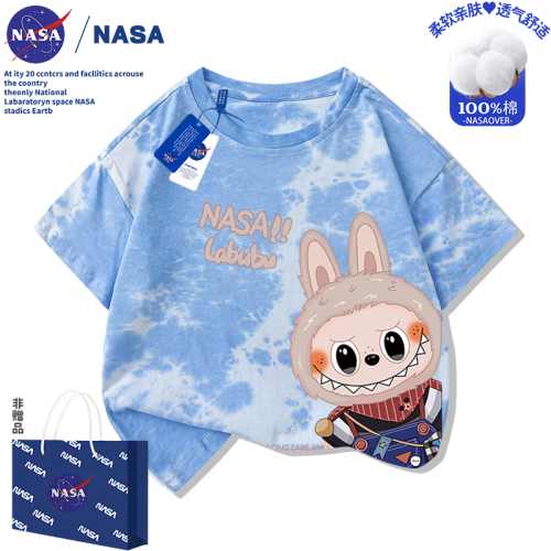 NASA拉布布labubu兒童純棉短袖紥染T恤中大童裝夏季卡通休閒上衣