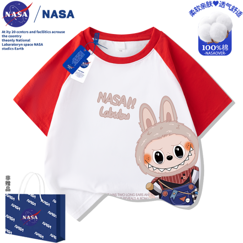 NASA拉布布labubu兒童純棉短袖紥染T恤中大童裝夏季卡通休閒上衣