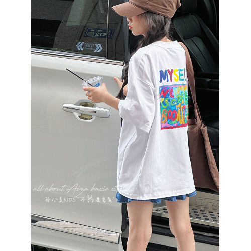 孫小美kids 潮流塗鴉女童夏裝T恤短袖2025新款兒童上衣寬鬆半袖薄