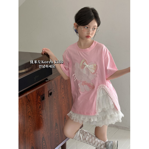 可愛女孩卡通上衣2025新款女童夏裝韓版開拆設計款半袖短袖T恤