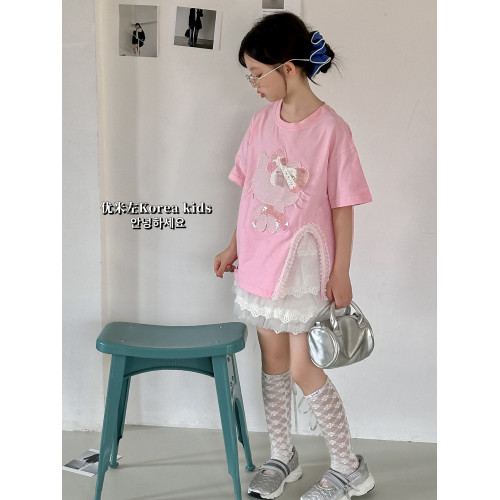 可愛女孩卡通上衣2025新款女童夏裝韓版開拆設計款半袖短袖T恤