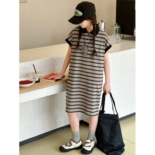 女童連衣裙夏季兒童洋氣時髦夏日法式條紋POLO裙女大童超好看裙子