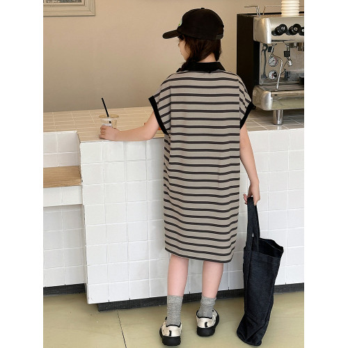 女童連衣裙夏季兒童洋氣時髦夏日法式條紋POLO裙女大童超好看裙子