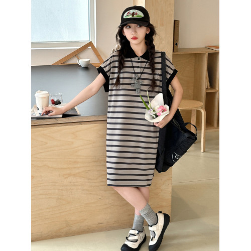 女童連衣裙夏季兒童洋氣時髦夏日法式條紋POLO裙女大童超好看裙子
