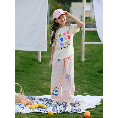 野柿童裝【趣味印花】女童條紋褲子夏季新款直筒褲兒童休閒長褲