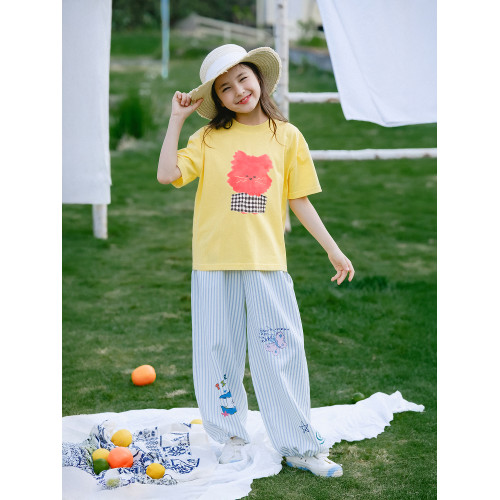 野柿童裝【趣味印花】女童條紋褲子夏季新款直筒褲兒童休閒長褲