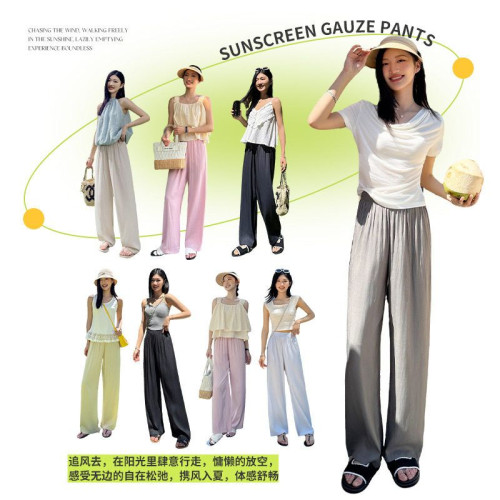 89092#夏季新品防曬輕紗褲輕薄涼感柔軟高腰垂感寬松直筒濶腿褲女