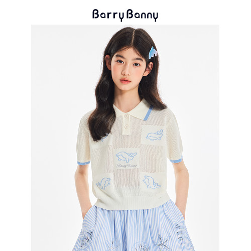 BarryBanny女童海洋polo衫短袖2025夏季新款海豚透氣翻領T恤上衣
