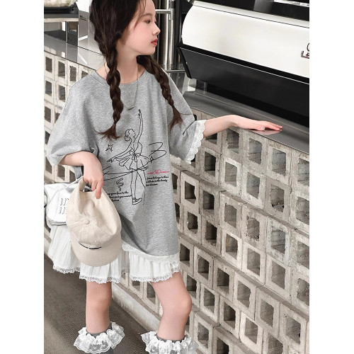 女童t恤長款夏裝2025新款9中大童花邊短袖上衣純棉圓領印花體恤衫