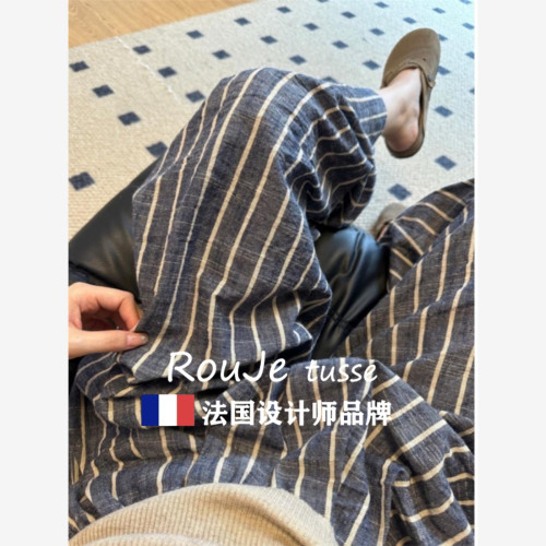 Rouje tusse棉麻褲子條紋褲女夏山本褲慵懶休閒亞麻濶腿褲沙灘褲