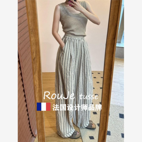 Rouje tusse棉麻褲子條紋褲女夏山本褲慵懶休閒亞麻濶腿褲沙灘褲