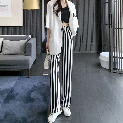 冰絲窄版濶腿褲女小個子2025新款夏薄款寬松直筒高腰垂感條紋褲子