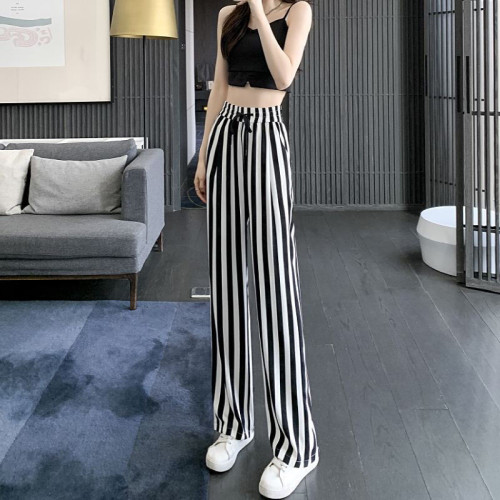 冰絲窄版濶腿褲女小個子2025新款夏薄款寬松直筒高腰垂感條紋褲子