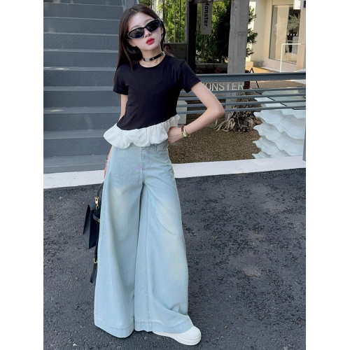女童短袖T恤2025新款大童女裝輕奢小衆穿搭女孩牛仔濶腿褲夏套裝