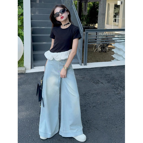女童短袖T恤2025新款大童女裝輕奢小衆穿搭女孩牛仔濶腿褲夏套裝