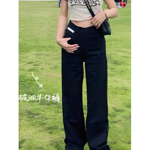瑟琳娜黑色破洞天絲牛仔褲女夏薄款胖mm高腰寬松直筒顯瘦濶腿褲子