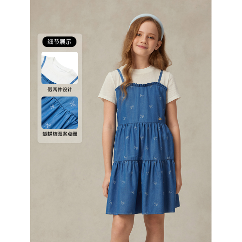 【冰感防曬】eland kids衣戀童裝女童連衣裙夏季新品假兩件牛仔裙