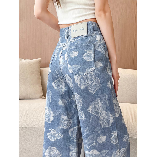 高級玫瑰印花牛仔褲女夏季薄款高品質寬松顯瘦百搭潮流休閒濶腿褲