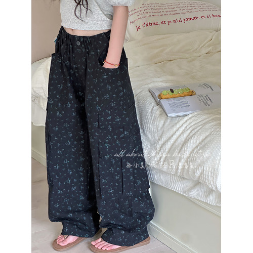 韓系碎花女童工裝濶腿褲春夏裝兒童褲子2025新款大童休閒褲薄款潮