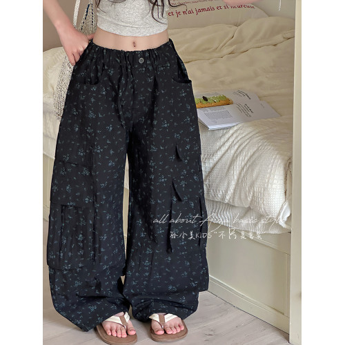 韓系碎花女童工裝濶腿褲春夏裝兒童褲子2025新款大童休閒褲薄款潮