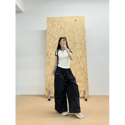 美式高街降落繖工裝褲女抽繩寬松皺褶濶腿褲子設計感拖地休閒褲