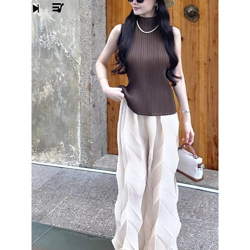 三宅褶皺高腰寬松純色濶腿褲女夏季高級感簡約無袖高領亂褶背心女