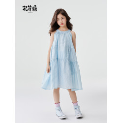 花笙糖女童連衣裙夏季新款大童兒童小衆輕奢藍色小女孩公主裙童裝