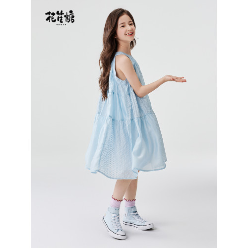 花笙糖女童連衣裙夏季新款大童兒童小衆輕奢藍色小女孩公主裙童裝