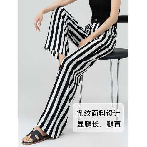 高級冰絲濶腿褲女夏季薄款拼接高腰雪紡垂感寬松顯瘦竪條紋直筒褲