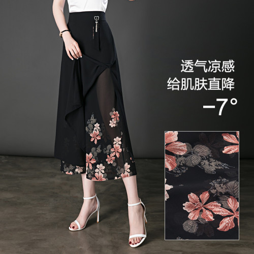 冰絲八分裙褲女夏季薄款寬松小個子雙層雪紡濶腿褲中年媽媽花褲子