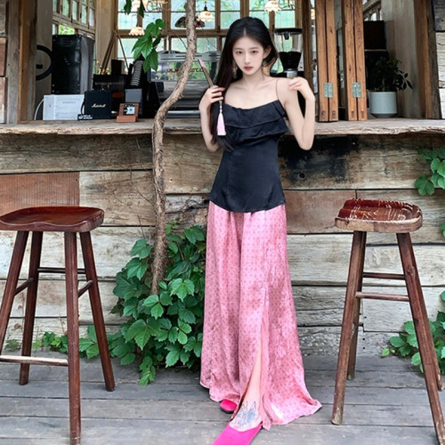 國風新款高級蕾絲開叉濶腿褲女裝新中式印花時尚寬松長褲 N5052