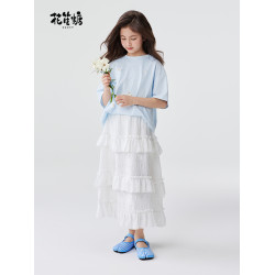 花笙糖女童夏季半身裙小女孩白色長裙大童時尚百搭荷葉邊裙子童裝