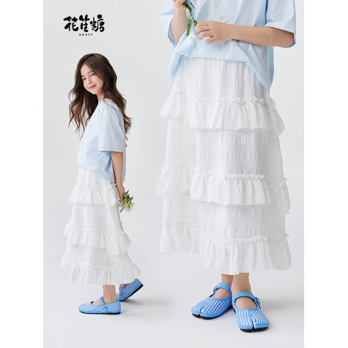 花笙糖女童夏季半身裙小女孩白色長裙大童時尚百搭荷葉邊裙子童裝