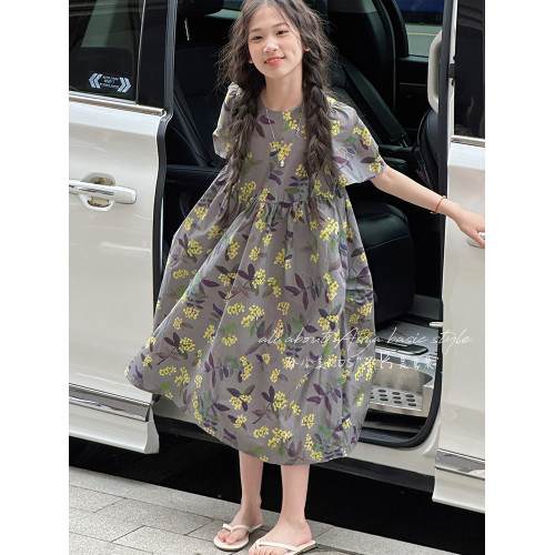 孫小美kids復古花卉女童碎花連衣裙2025新款夏裝女孩兒童短袖裙子