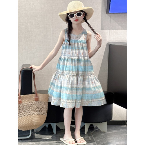 女童夏連衣裙2025新款巨好看兒童碎花吊帶裙子女大童民族風背心裙