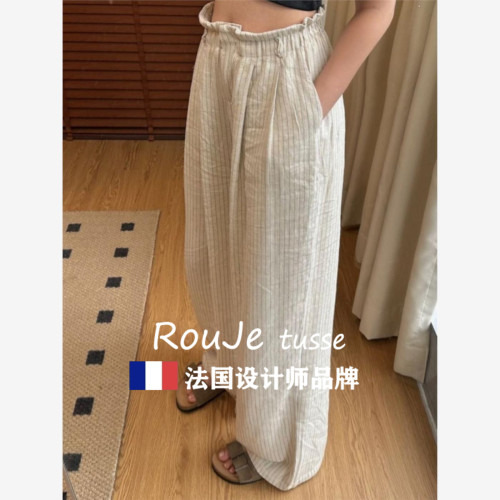 Rouje tusse棉麻褲子慵懶松弛感休閒褲女夏亞麻濶腿褲條紋山本褲
